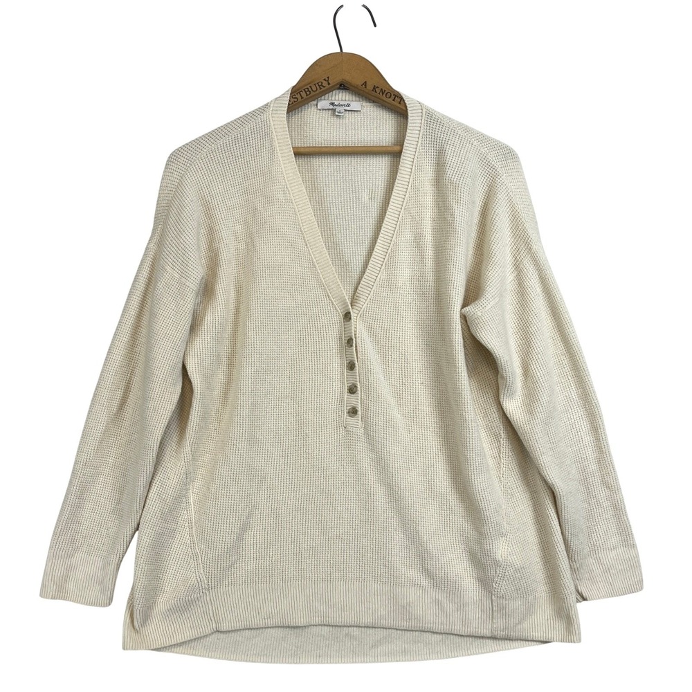 Madewell Womens Button Front Waffle Knit Henley‎ Top Cream Small Long Sleeve
